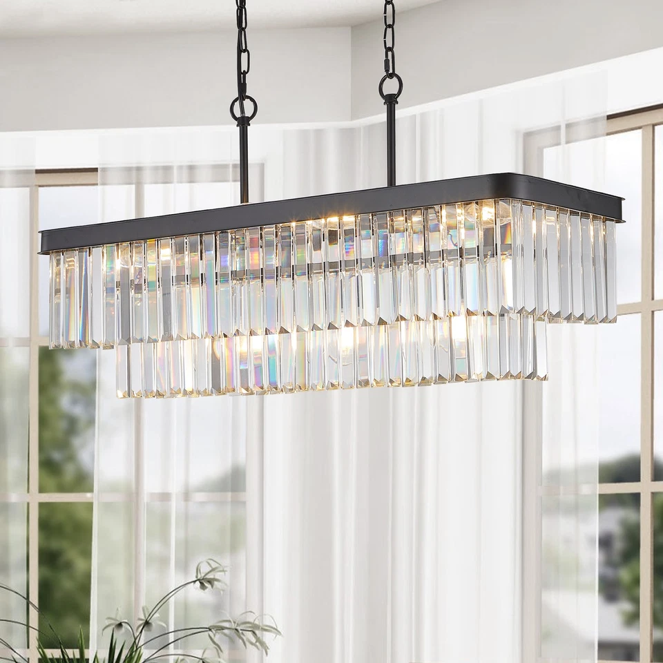 34" Modern K9 Crystal Chandelier Black Rectangle Pendant Ceiling Light Fixtures - Image 4 of 4