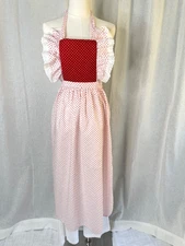 Vtg Petite Apron Ruffle Prairie Style Long Pinafore Cottage Core Red & White