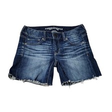 American Eagle Cut Off Denim Shorts 4 Stretch Blue Dark Wash Distressed Grunge