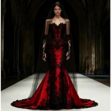 Gothic Mermaid Wedding Dresses Red And Black Vintage Bridal Gowns Sweetheart