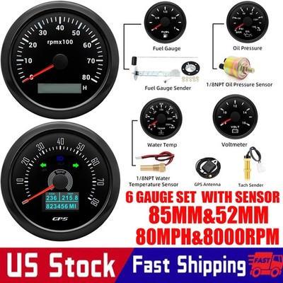 6 Gauge Set with Sensor 85mm GPS Speedometer&Tacho&52mm Fuel/Temp/Oil/Volt Gauge