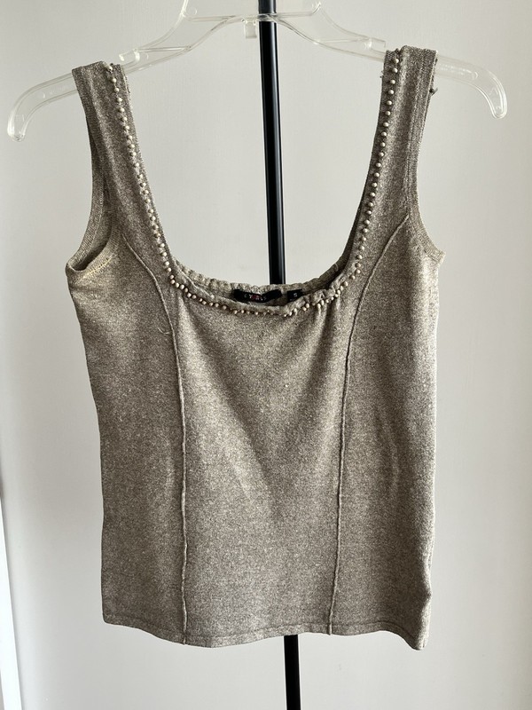 Cyrus tank top women Square neck stretch Beige Linen Blend w Wood 🪵 Beads Small