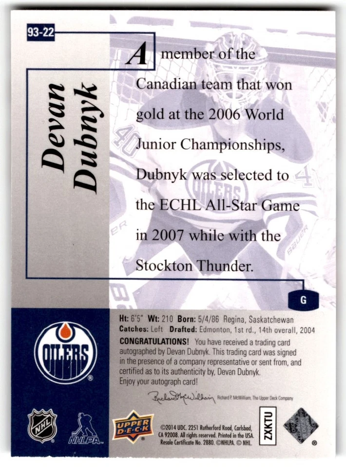 2013-14 SP Authentic '93-94 Retro Devan Dubnyk Auto #93-22 Edmonton Oilers - Image 2 of 2