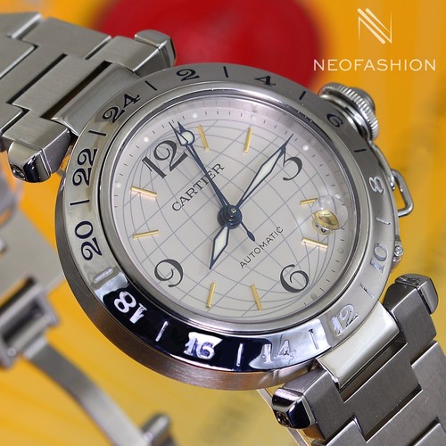 CARTIER PASHA C AUTOMATIC GMT 35MM BEAUTIFUL SILVER DIAL WATCH 2377 W31078M7