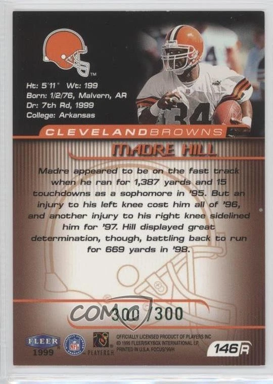 1999 Fleer Focus Rookie Stealth /300 Madre Hill #146 Rookie RC - Image 2 of 2