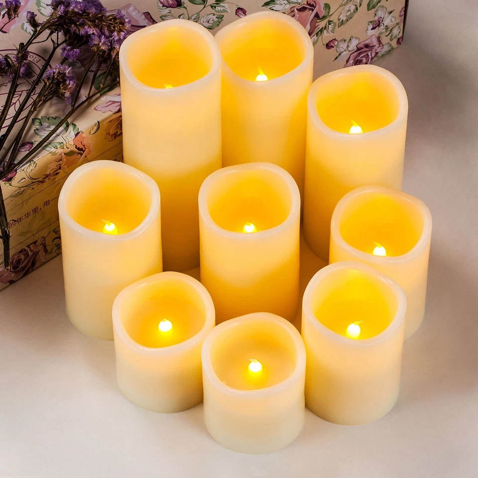 Juego de 9 velas grandes sin llama (D 3" x H 3", 3", 4", 4", 5", 6", 7", 8")... Foto 2 de 4