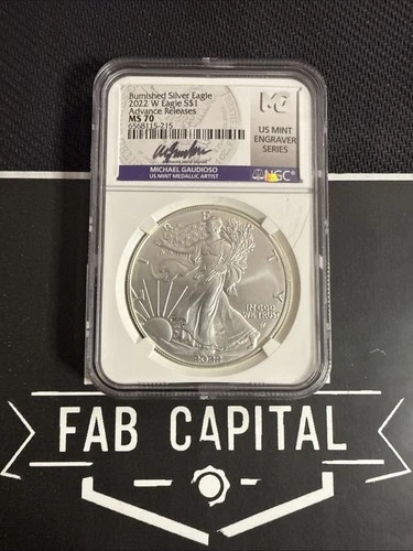 2022 W Burnished Silver Eagle MS70 NGC Advanced Release Gaudioso Auto Gold Tone