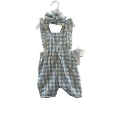 NWT Emily and Oliver Baby Girls Blue Gingham Romper and Headband Set 18 Months