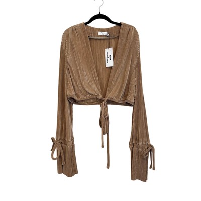 Miss Joslin x MissPap Plisse Tie Wrap Top Womens 14 Tan Cropped Long Sleeve NWT