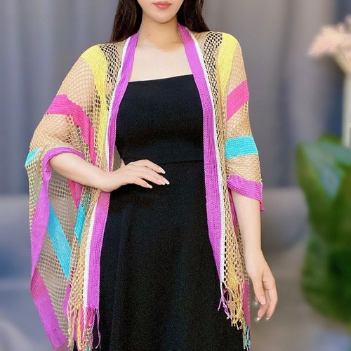 Poncho Stole Cape Shrug Wrap Shawl Jumper Sweater Cloak Scarf Striped Rainbow AA - Picture 9 of 19