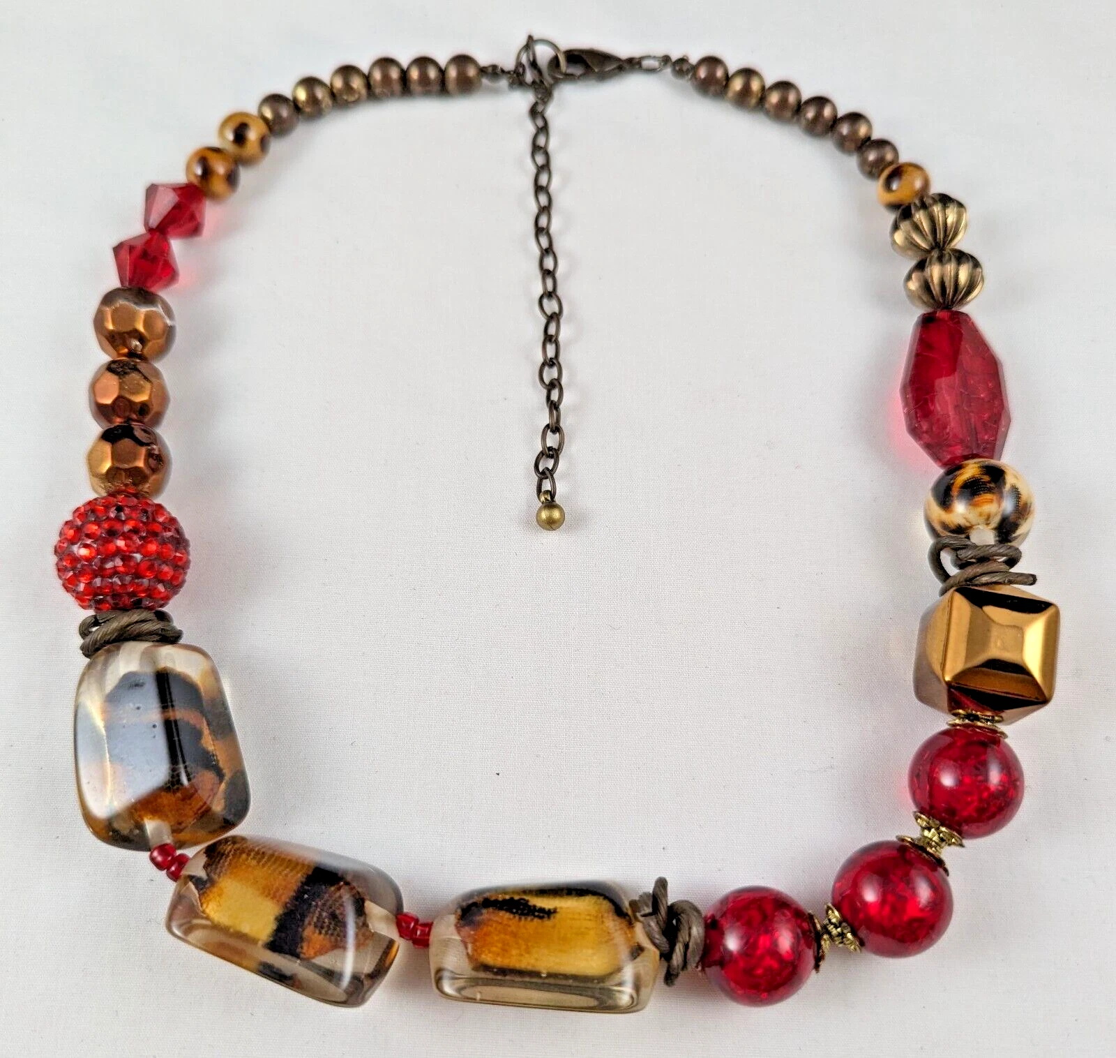 VETEMENTS Collana Perline Grosse Bronzo Rosso Finto Cristallo Regolabile Asimmetrica 20"