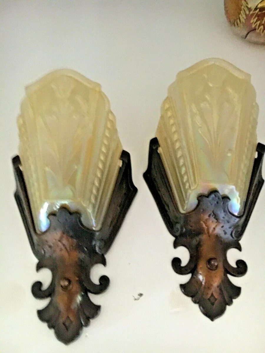 Art Deco Virden Antique yellow pearl Glass Slip Shade Wall Sconce Fixture PAIR