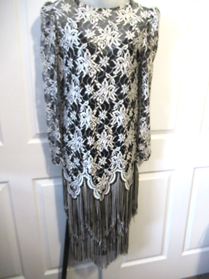 LILLI RUBIN Vtg Black white Crochet Knit Fringed Flapper Dress Roaring 20s  Sz 10 | eBay