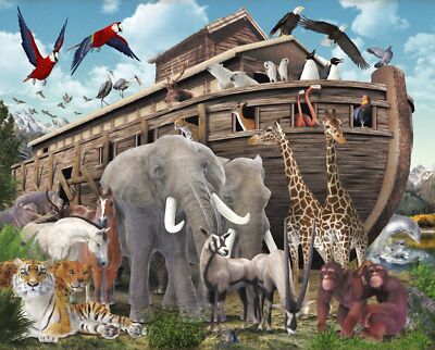 35'' Fabric Panel | David Textiles Digital Religious Noah's Ark & Animals Scene