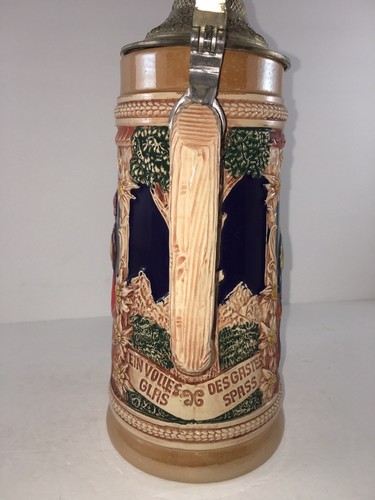 Vintage German Tankard Beer Stein Pewter Lid “EIN VOLLES GLAS DES GASTES SPASS” - Picture 4 of 8