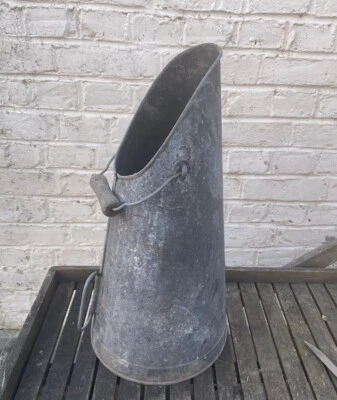 Antique French Zinc Coal Shuttle Scoop Primitive 20” Watering Can Bucket Metal - Photo 1/4