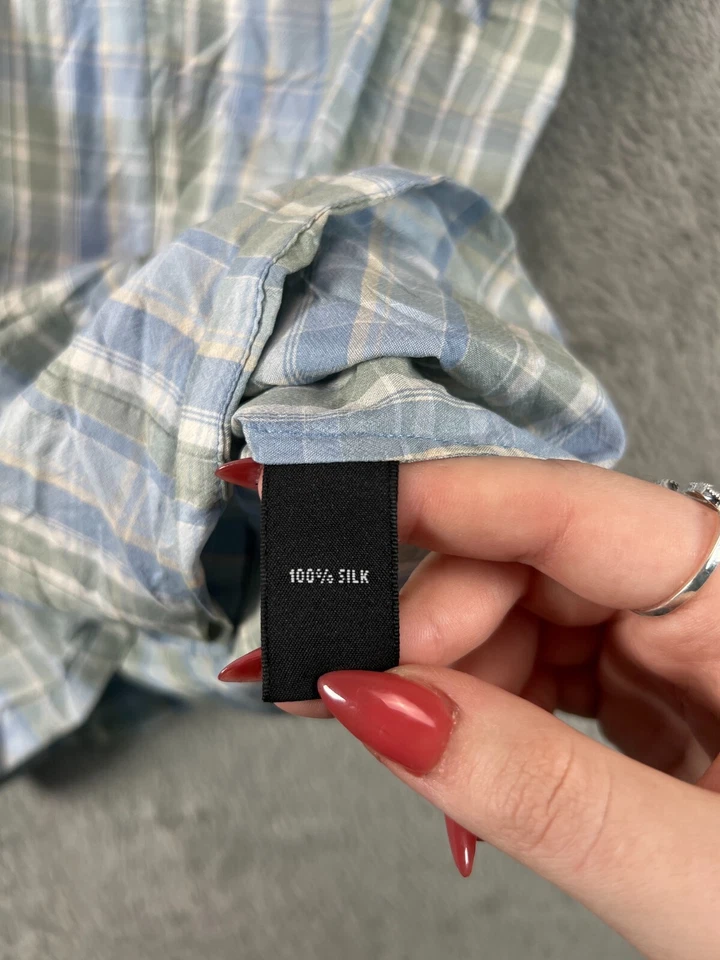 Mujeres Prendas para el torso 8 Camisa de Campamento 100% Seda Azul Botón a Cuadros Josephine CHAUS Manga Corta Foto 3 de 4