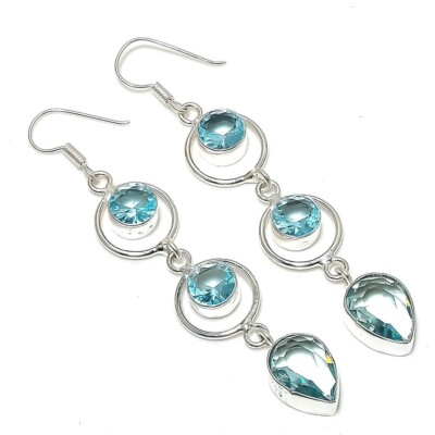 Aqua Aquamarine Gemstone Handmade 925 Sterling Silver Jewelry Earring Size 2.5''