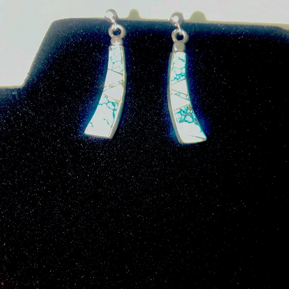 Conjunto de colar e brinco de prata esterlina, turquesa, ônix Calvin Begay. - Imagem 3 de 4