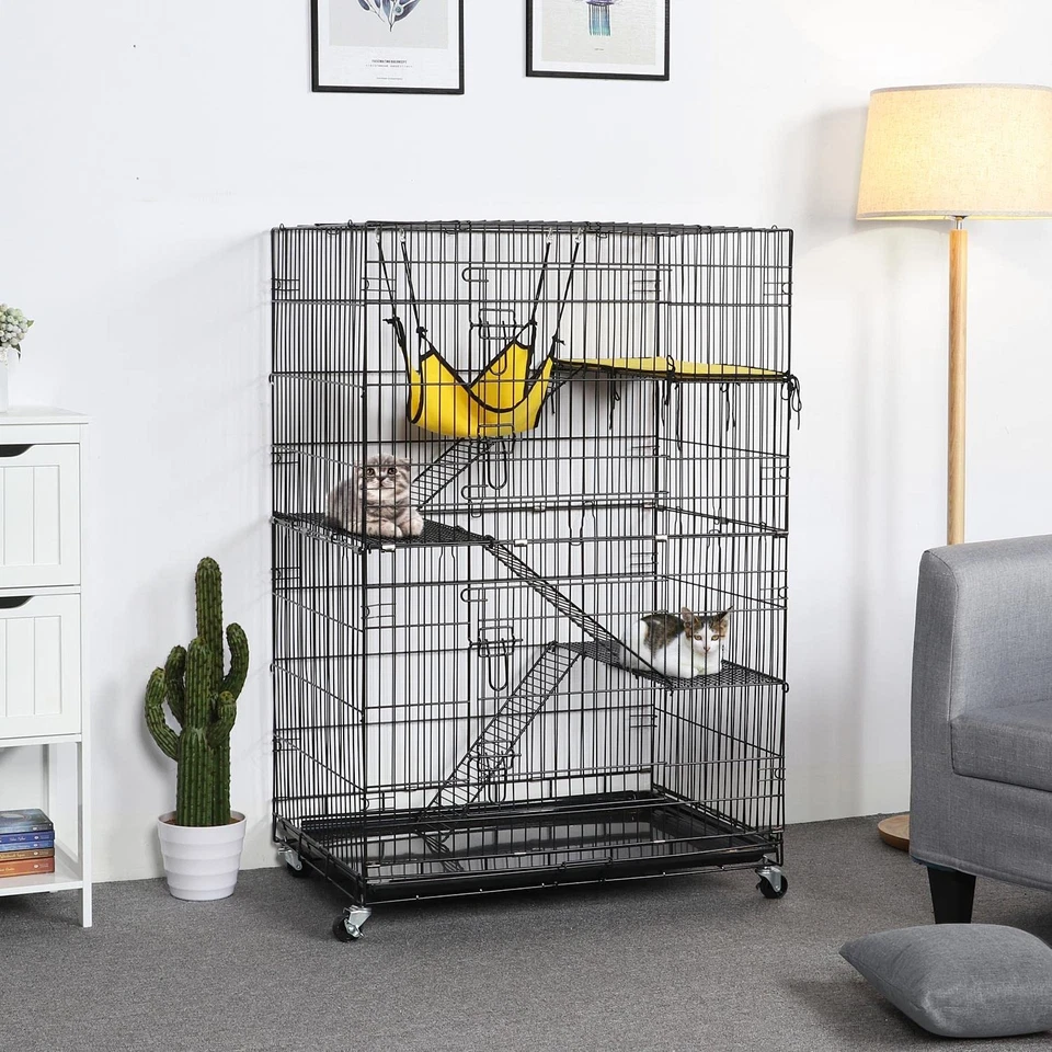 Multi Level Cat Cage 4 Tier Collapsible Animal Enclosure With Wheels Black - Image 2 of 4