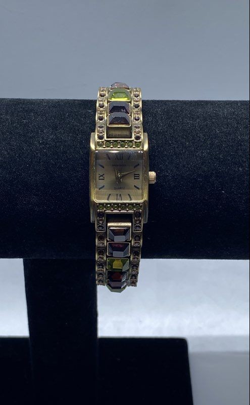 Heidi Daus B9001 Women's Art Deco Gold Tone Multicolor Crystal Watch 7"