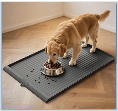 Dog Food Mat 36''X24'', Waterproof Pet Feeding Mat with Diversion Grooves and Rais