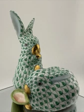 Rare Herend - Bunny Rabbit Pair - Green Fishnet 24kt Gold Handpainted 3.5’’ Tall