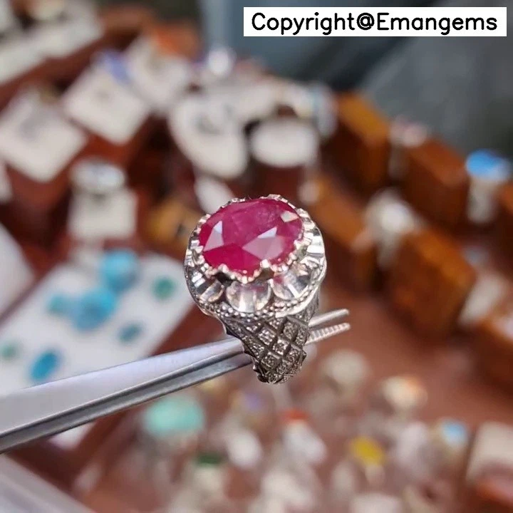 Anillo Rubí Rojo Natural Navidad Plata de Ley 925 - Origen Birmano Elegante Handmad Foto 3 de 4