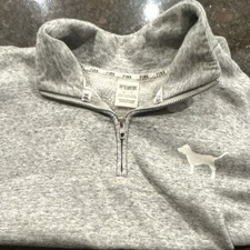 PINK Victoria's Secret Gray 1/4 Zip Sweatshirt Medium Dog Logo Sleeve Print