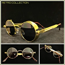 Men's RETRO STEAMPUNK BLINDER Style SUNGLASSES Round Gold Frame Dark Tint Lens