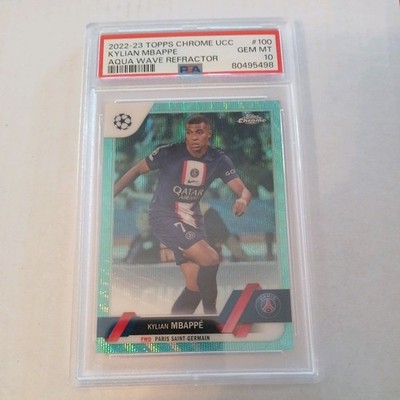 2022-23 TOPPS CHROME UEFA CLUB  COMPETITIONS KYLIAN MBAPPE PSG AQUA WAVE PSA 10