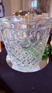 Clear Glass Ice Bucket with Handles, Diamond Cut Pattern, Round Glossy Finish 