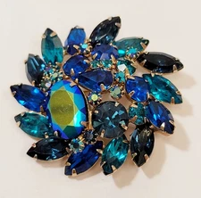 Vtg Unsigned Alice Caviness Blue Rhinestones Glass Art Stone Brooch