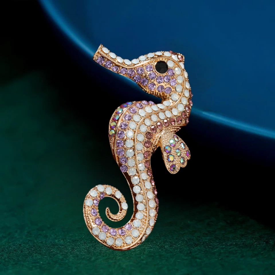Broche prendedor rosa/azul ópalo estrás animal marino caballito de mar grande Foto 2 de 4