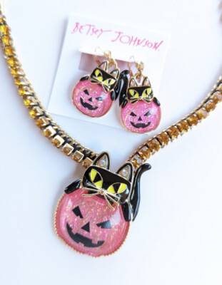 Betsey Johnson Halloween Pink Pumpkin Black Cat Earrings