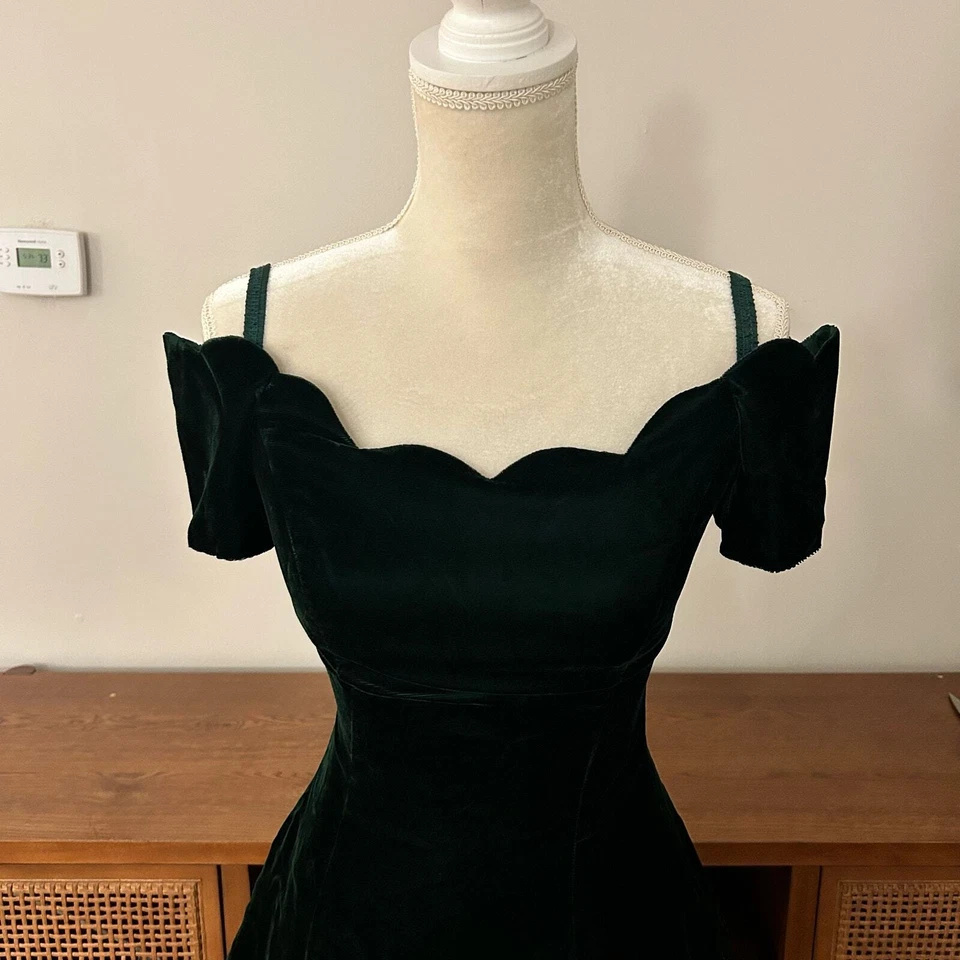 Vestido Roberta Vintage Años 80 Verde Esmeralda Terciopelo Escote Festoneado Talla 5/6 Foto 3 de 4