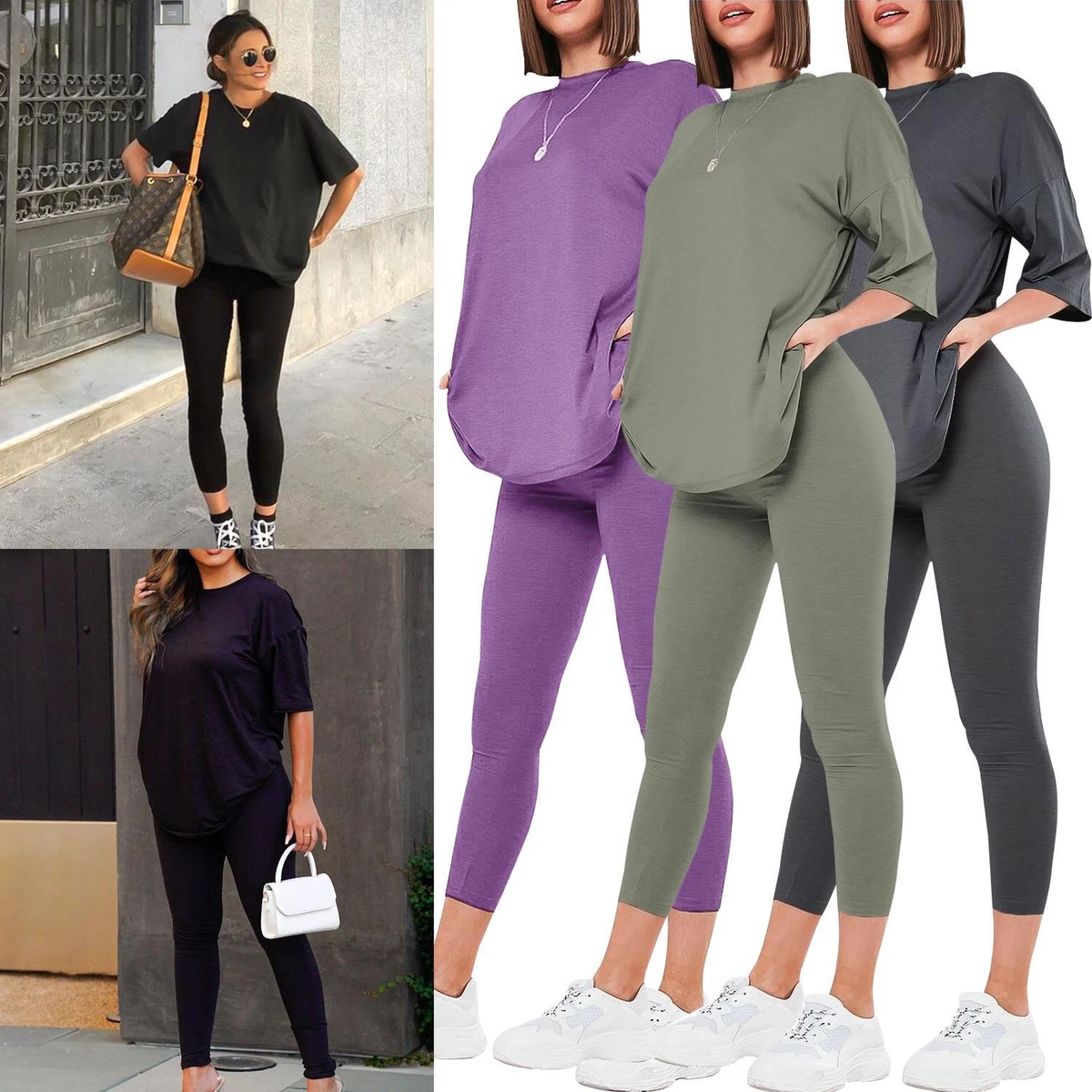 Women Baggy Longline Oversized T-Shirt Top & Leggings Co-Ords Set