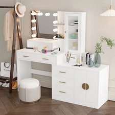 Vanity with Lighted Mirror Makeup Vanity Desk with Power Outlet and LED Bulbs