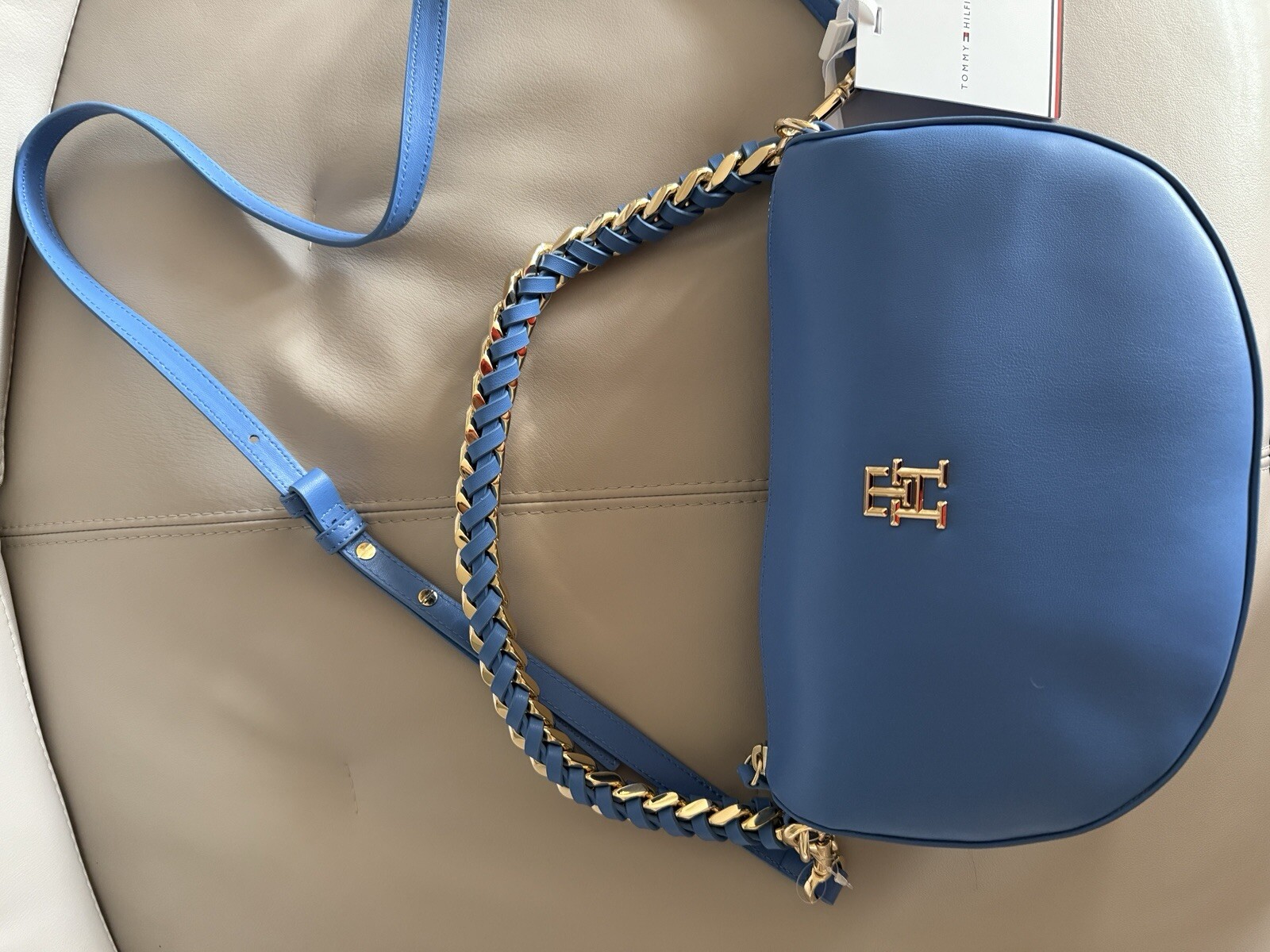 tommy hilfiger bag Half Moon Shape Blue Gold Strap Over Shoulder Or Crossbody image 4