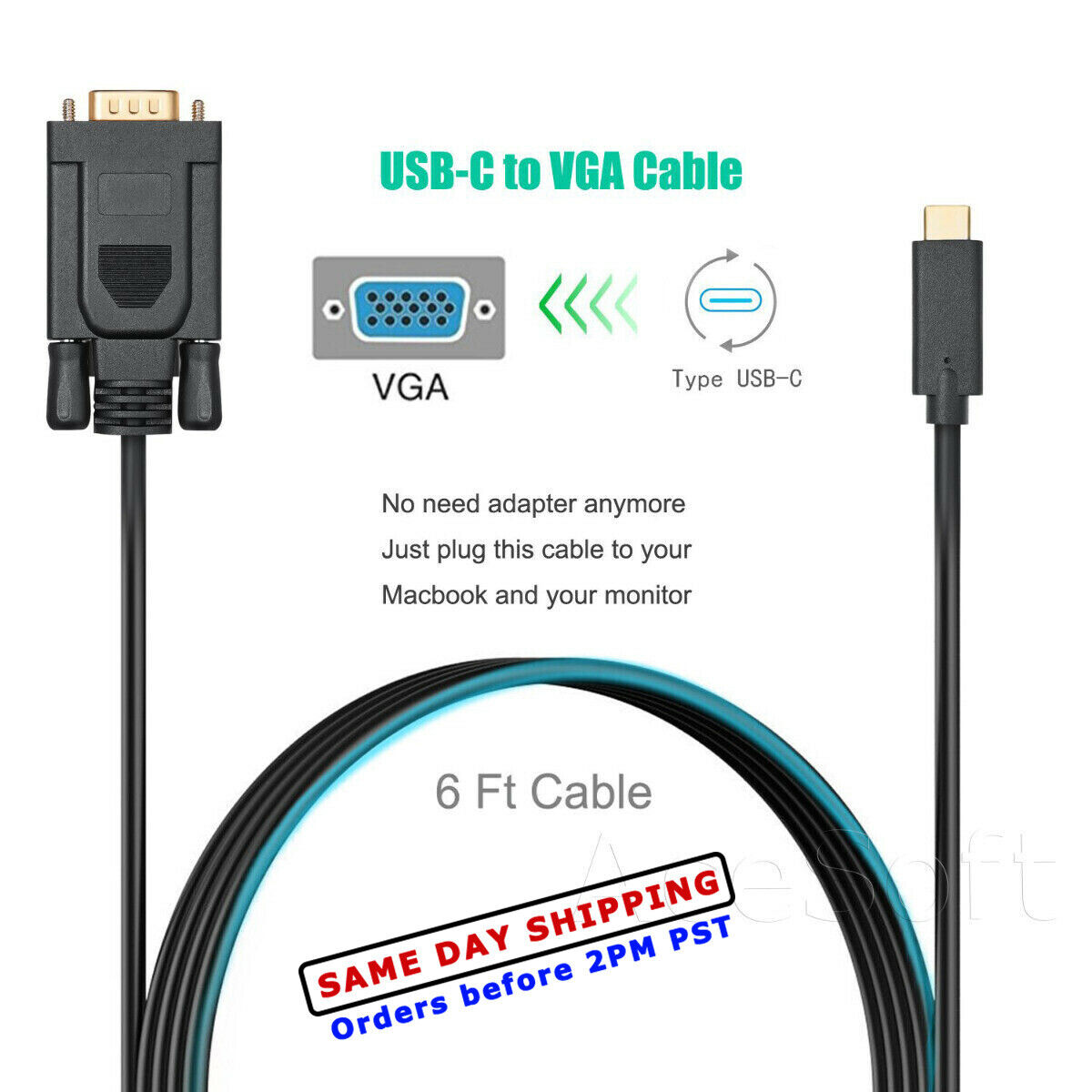 Blaze fejl Umulig USB C 3.1 TO VGA Cable USB Type C USB-C To VGA Male Converter Adapter Cable  Cord | eBay