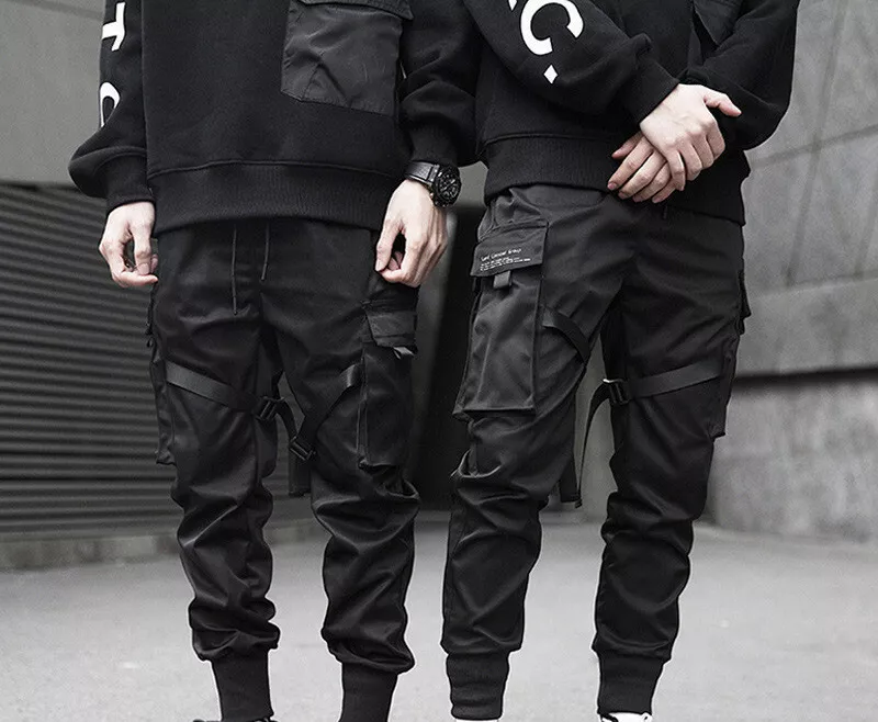 Mens Casual Pockets Cargo Pants Fashion Black Overalls Hip Hop Joggers  Trousers