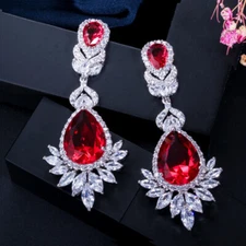 Silver Plated Zircon Long Chandelier Dangle Drop Leaf Earrings for Women Wedding