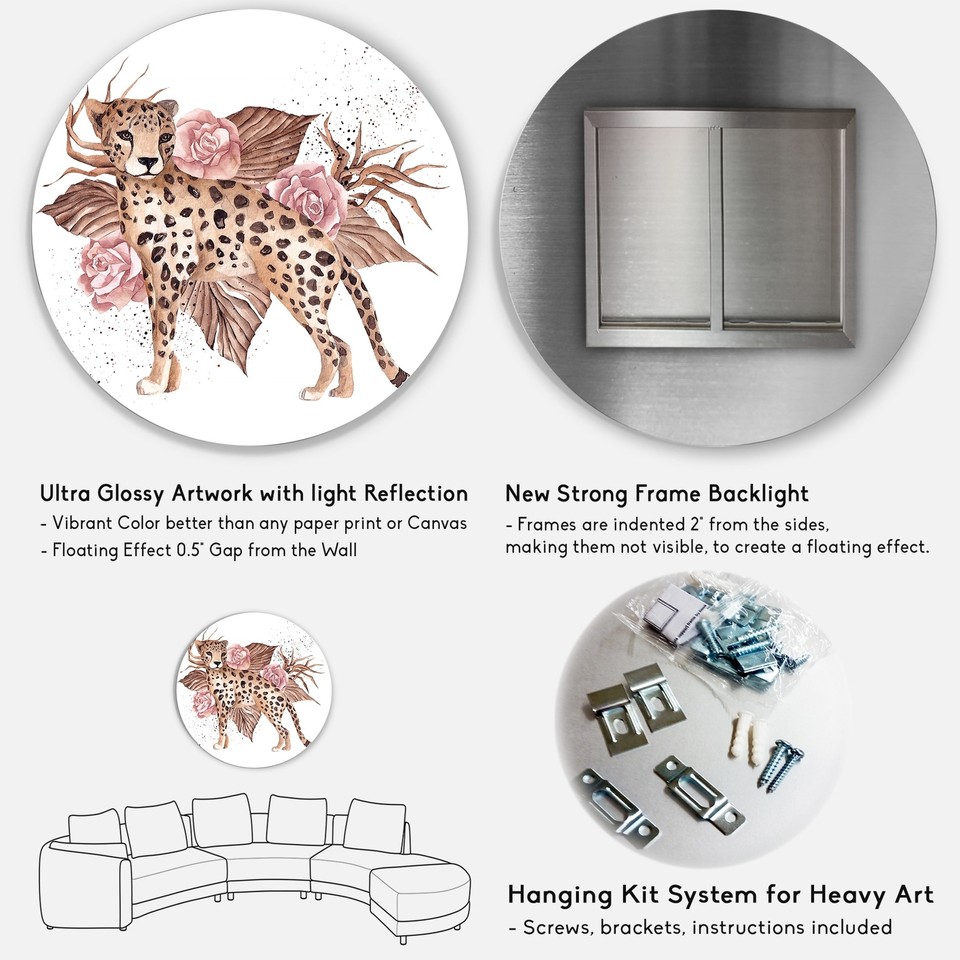 Designart 'Leopard WIth Pink Tropical Flowers' Traditional Metal Circle