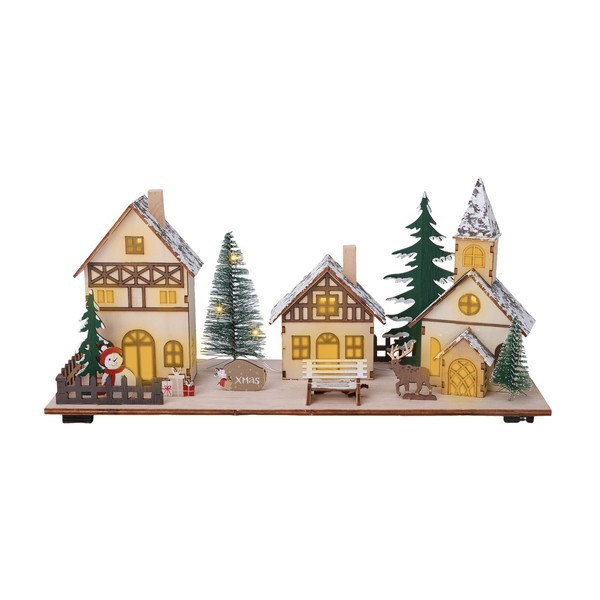 Led Holz Weihnachts Dorf Szene - 34 X 16 Cm - Advent Deko Winter Stadt Batterie-image