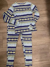 LL Bean Unisex Pajamas Top Bottom Kids Sz 14 PJs Blue Green Fair Isle Snowflake