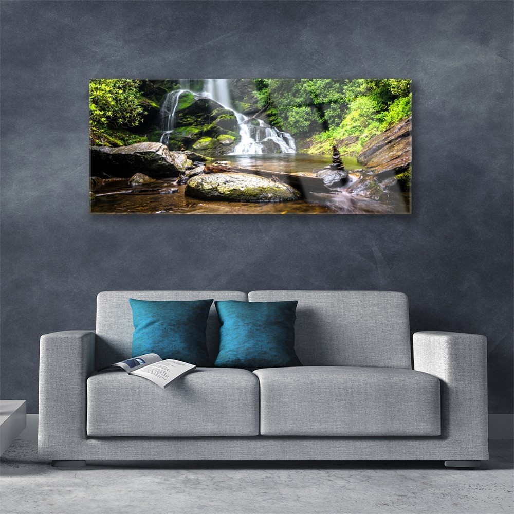 Tableau murale Impression sous verre 125x50 Cascade Forêt Pierre Tulup