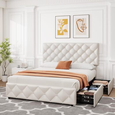 Full Queen King Size Bed Frame Platform with 4 Drawers & Adjustable Headboard