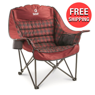 Oversized XL Red Padded Seat Folding Camping Chair with Armrest Cup Holder Camp