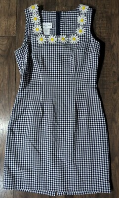 Casual Corner Sheath Dress Size 7/8 Blue White Plaid Daisies Sleeveless Vintage