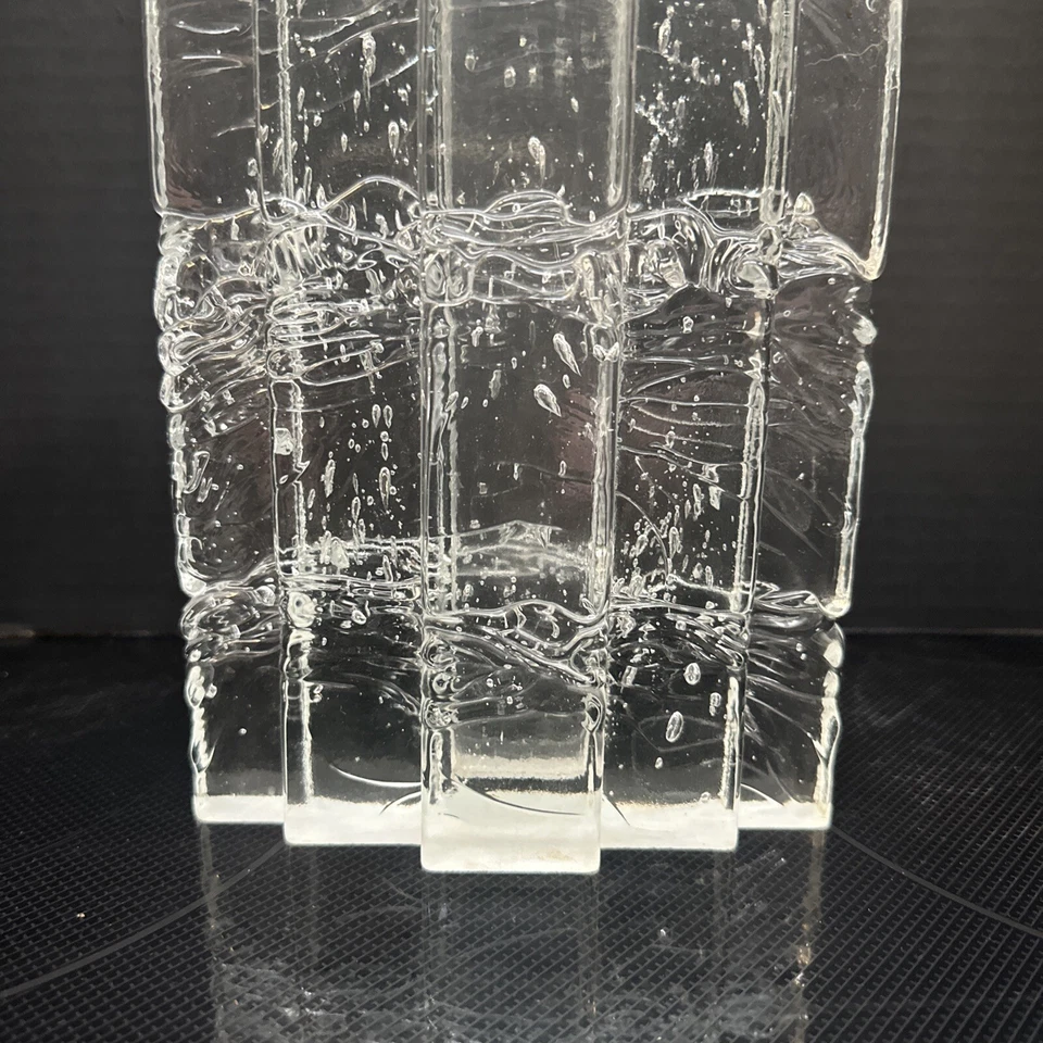 "Florero de bloque de hielo de vidrio artístico de estudio con luz de vidrio firmado vintage 9""" Foto 3 de 4